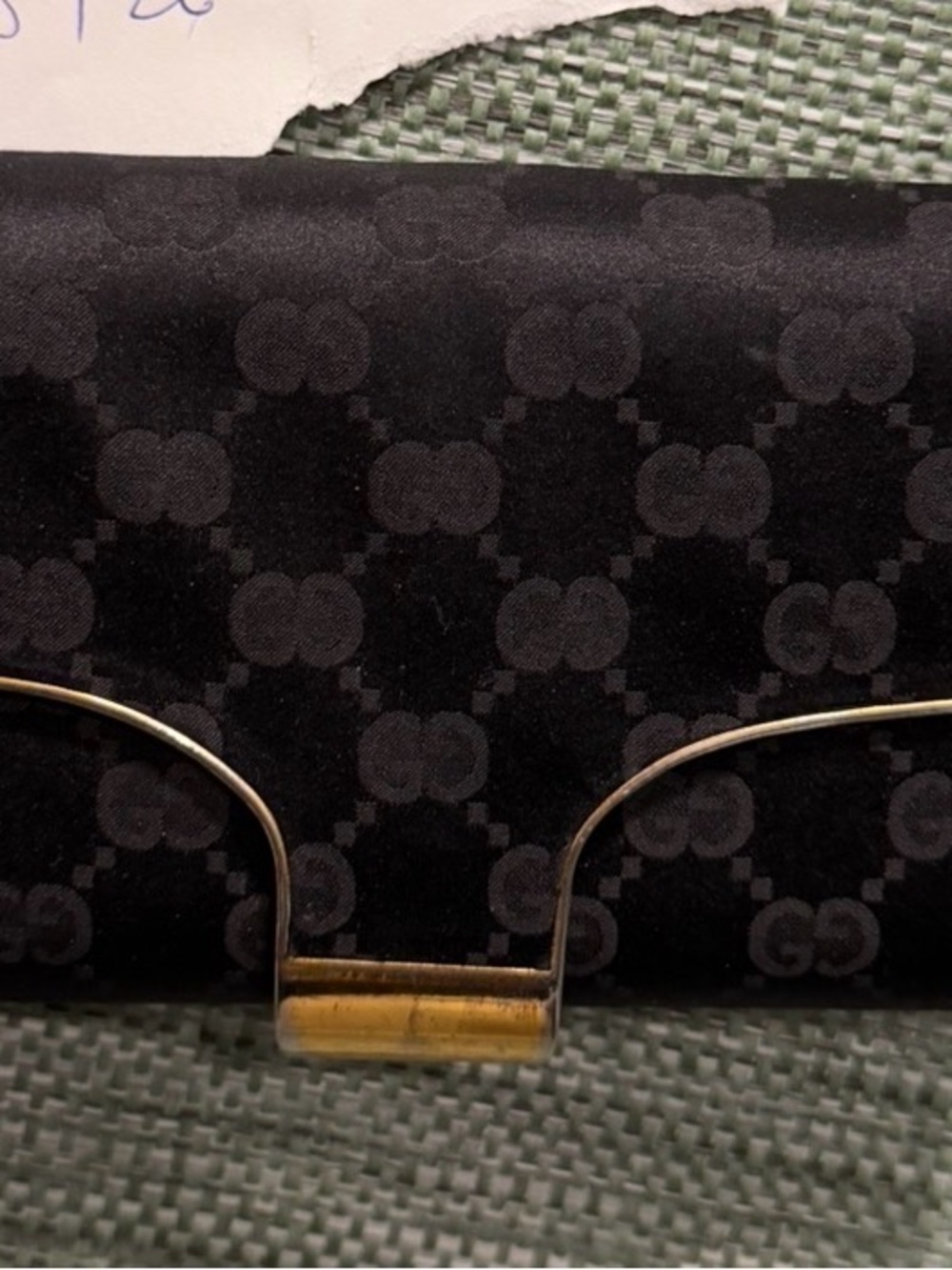 Vintage Gucci Black Monogram Satin Clutch with Gold-Tone Accent